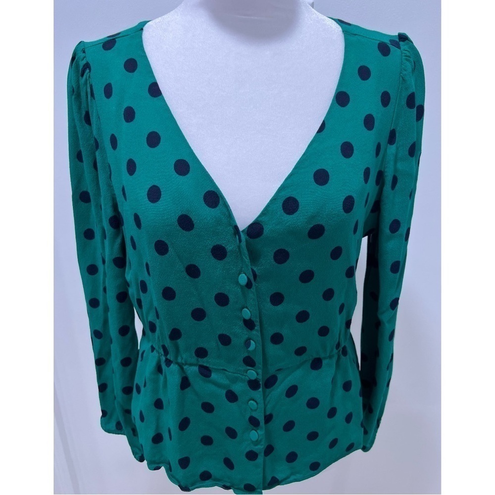 J. Crew Green & Navy Blue Long Sleeve V-Neck Polkadot Top